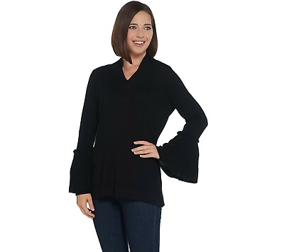#ad Isaac Mizrahi V Neck Sweater Pleated Bell Sleeves Black L a343222 $12.89