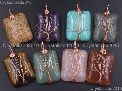 #ad Natural Gemstones Tree Life Rectangle Reiki Healing Pendant Beads Rose Gold 18K $4.98