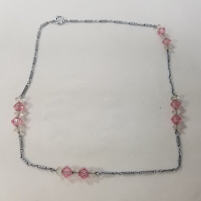 #ad Clear amp; Pink Bead Silver Tone Long Beaded Station Chain Link Necklace Choker $15.99