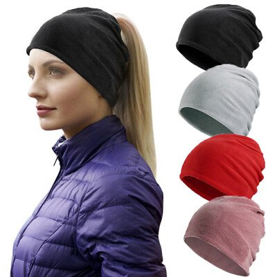 #ad Womens Beanie Hat with Ponytail Hole Winter Warm Fleece Ski Snow Soft Skull Cap $6.99