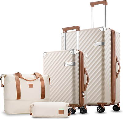 #ad 2 Pcs Carry on Luggage Set 100% Polycarbonate Expandable Hard Suitcases Beige $209.99