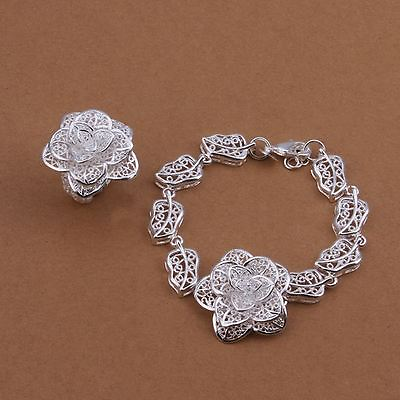 #ad Fashion Silver pretty flower women cute Ring Bracelet set Jewelry wedding S442 $4.48