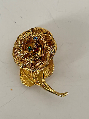 #ad VINTAGE Direction One Gold Tone Flower Rose Brooch Rhinestones 2quot; DN89 $10.00