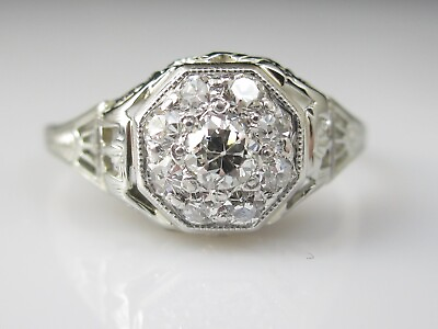 #ad Art Deco Diamond Ring Old European Cut Single Cut Vintage 18K White Gold Cluster $595.00