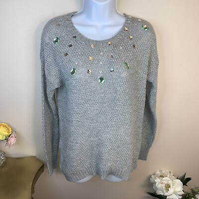 #ad M New Grey Gemstone Sweater Long Sleeve Medium 8 10 Stretch Route 66 $11.99