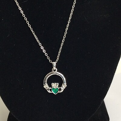 #ad Solvar Rhodium Plated And Enamel Green Heart Claddagh Pendant Necklace $37.49