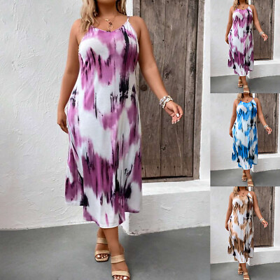#ad Summer Women Boho Tie Dye Midi Dress Lady Holiday Sleeveless Casual Loose Dress $18.99