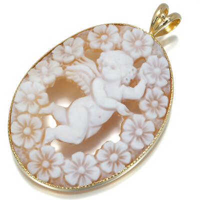 #ad Shell Cameo Angel Flower Pendant 18K 750 Yellow Gold $327.38