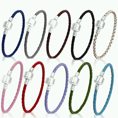 #ad Woven Bracelet With Silver Plated Clasp Charms Braided Cord Leather Bangle $6.22