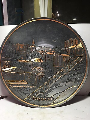 #ad Antique Brass Hand Fine Etched Tray Round Plate Beautiful Valparaiso City Figure $80.00