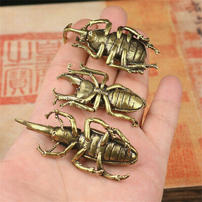 #ad 3Pcs Solid Brass Insect Figurine Beetle Statue Home Animal Decor Ornament Gifts $14.79