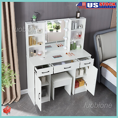 #ad Makeup Table Set with 10LED Lighted Mirror and Drawers and Side Cabinet Stool $184.98