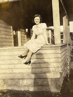 #ad YD Photo Pretty Woman Sitting Porch Hanging Off Legs Shadow Photographer 1930#x27;s $14.50