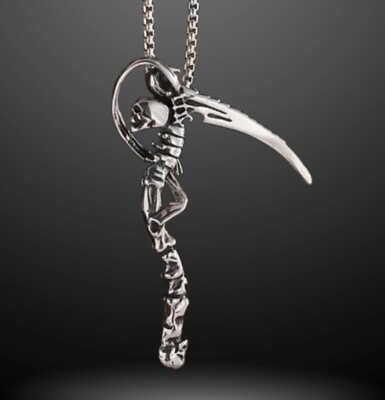#ad Large Grim Reaper Scythe Sickle Necklace Pendant Biker Punk Gothic Death Skull $14.95