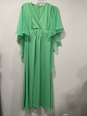 #ad Vintage Green Maxi Dress 14.5 Ties In Back Zipper Chiffon Type Sleeves $9.99