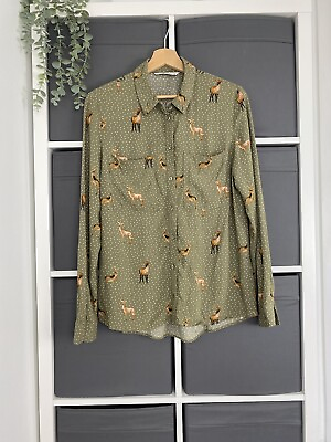#ad Tu Shirt Blouse top Size 12 Green Deer Print Chambray Kitsch Quirky Long Sleeve GBP 12.99