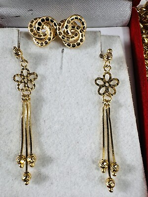 #ad 18K Earring 750 Fine Saudi Real Gold Two Sets Of Knot And Dangle Earring 4.7g $562.00
