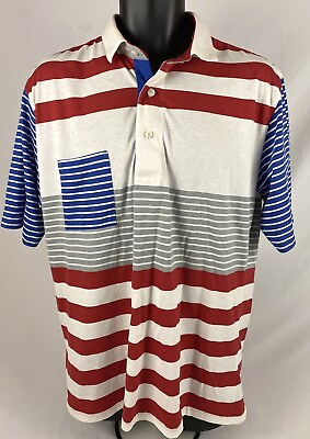 #ad Vtg Mens Antigua Red White Blue Striped Short Sleeve Polo Shirt Sz L Made In USA $11.39