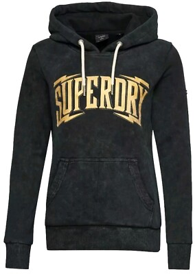 #ad Superdry Womens Brand Mark Metal Hoodie Size 8 XS Black Gold Sweatshirt Logo New GBP 38.99