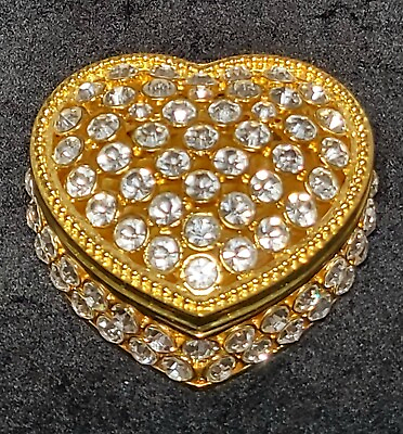 #ad Heart Trinket Box Brass amp; Brilliant Crystals Porcelian Inside Vtg EUC $19.95