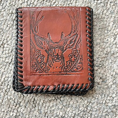 #ad Vintage Handcrafted Leather Wallet Hand Tooled Deer Hunting Antlers Mens dad $21.00