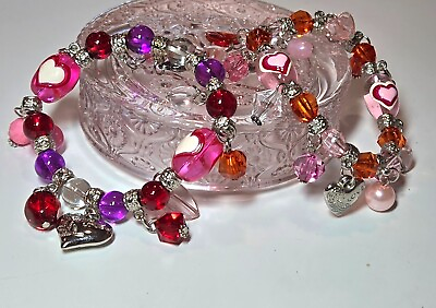 #ad Heart Bracelets Handmade Charm Glass Beaded Stretch Bracelet Red Pink Lot of 2 $14.95