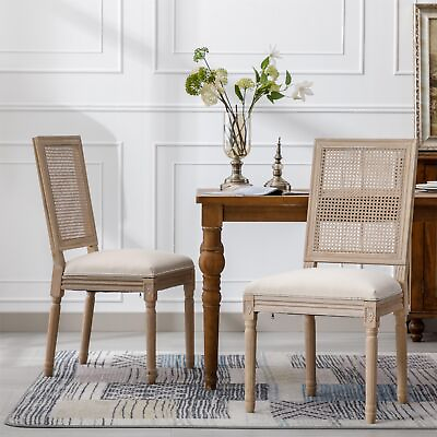 #ad French Style Solid Wood Linen Fabric Rattan Back Dining Chair Set of 2 Cream $285.12