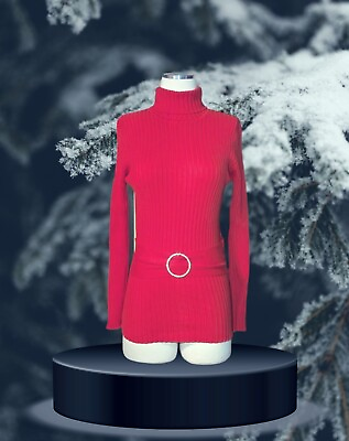 #ad SARA I Ribbed Red Sweater Rhinestone Crystal Belt Long Sleeve Size Medium Womens $22.99