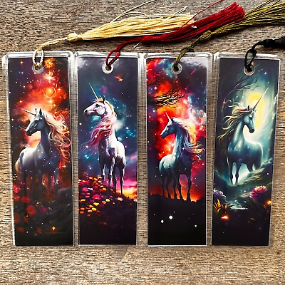 #ad Set of 4 Colorful Unicorn Bookmarks Double Sided 2x6 with Tassel $5.99