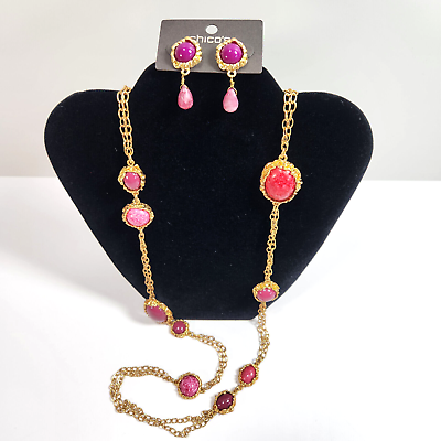 #ad Chicos Long Necklace Earring Set Pink Berry Goldtone Double Strand Pierced NWT $34.00