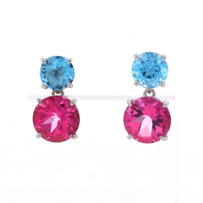 #ad Sterling Silver Pink Topaz Blue Topaz Dangle Earrings 925 Round 7.00ctw Pierced $39.99