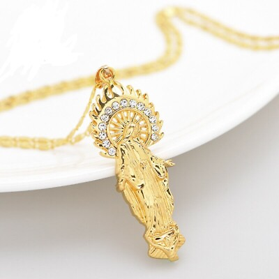 #ad large VIRGIN MARY HOLY large crystal pendant GOLD plated 18K necklace 20quot; chain $19.88
