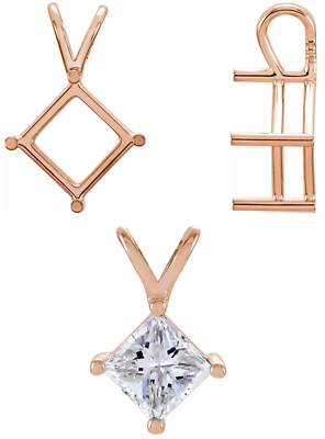 #ad 14K Rose Gold Square Princess Pendant Setting 3x3mm 7x7mm Solitaire 4 Prong $50.40