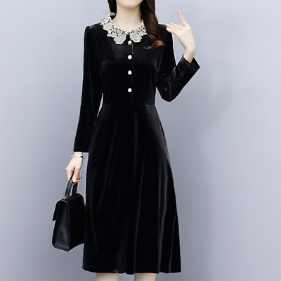 #ad Women Velvet Dress Embroidered Lace Collar Long Sleeve Slim Fit Flared Elegant $33.98