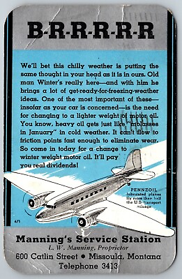 #ad Mannings Service Station 1939 Missoula Montana Pennzoil Advertisement Postcard $14.99