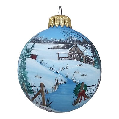 #ad Christmas Tree Ornament Ball Signed Joyce Drake 1985 Winter Landscape Stream $16.99