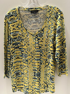 #ad TRIBAL Women#x27;s Size M Yellow Blue Tunic 3 4 Sleeves V neck Stretch Soft $8.46