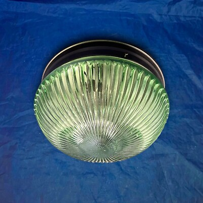 #ad New Brushed Nickel Two Light Flush With Rare Vintage Green Globe 10” 124A $525.00