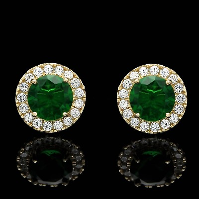 #ad 2CT Halo Simulated Green Emerald Diamond Round Earrings Solid 14k Yellow Gold $161.49