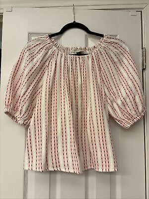 #ad NWOT Universal Thread Off Shoulder Top Size XS Puff Sleeve. Red amp; Ivory Casual $12.50