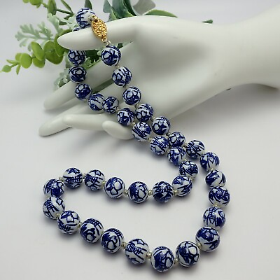 #ad Chinese Export 13mm Round Porcelain Blue White Knotted 24quot; Necklace Ornate Clasp $39.95