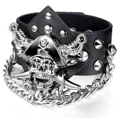 #ad Metal Pirate Skull Punk Rock Chain Black Leather Wide Bangle Cuff Bracelet Men $9.99
