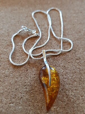 #ad 925 Sterling silver Chain With 925 Sterling Amber Leaf Shaped Pendant H3cm x w2 GBP 38.00