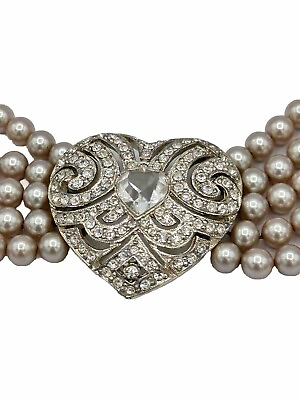 #ad Carolee Crystal Rhinestone Heart Faux Pearl Multi Strand Necklace Vintage 16” $149.99