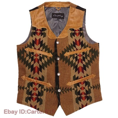 #ad Mens Real Leather Wool Vintage Button V Neck Vest Waistcoat Ethnic Style M 5XL $75.99