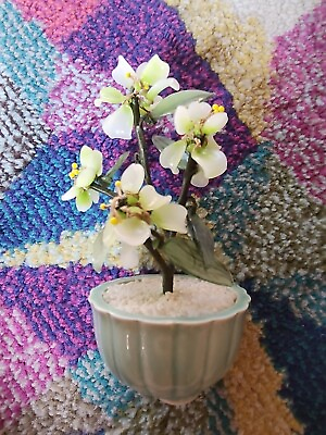 #ad Vintage Chinese Glass Jade Bonsai Tree Green Yellow Floral Green Ceramic Pot 4” $28.25