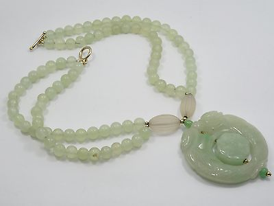 #ad CHINESE EXPORT DETAILED CARVED DOUBLE KOI FISH JADE PENDANT BEAD NECKLACE 128g $225.00