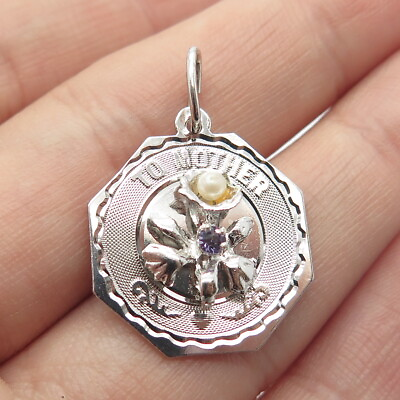 #ad 925 Sterling Silver Vintage Real Pearl amp; Amethyst Gem quot;To Motherquot; Floral Pendant $22.95