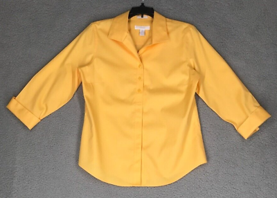 #ad Chicos Shirt Women Size 0 No Iron 3 4 Sleeve Partial Hidden Buttons Yellow $17.99