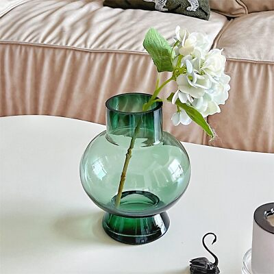 #ad Green Glass Flower Vase with Elegant Circular Fishbowl Design Rounded Cylinde... $22.51